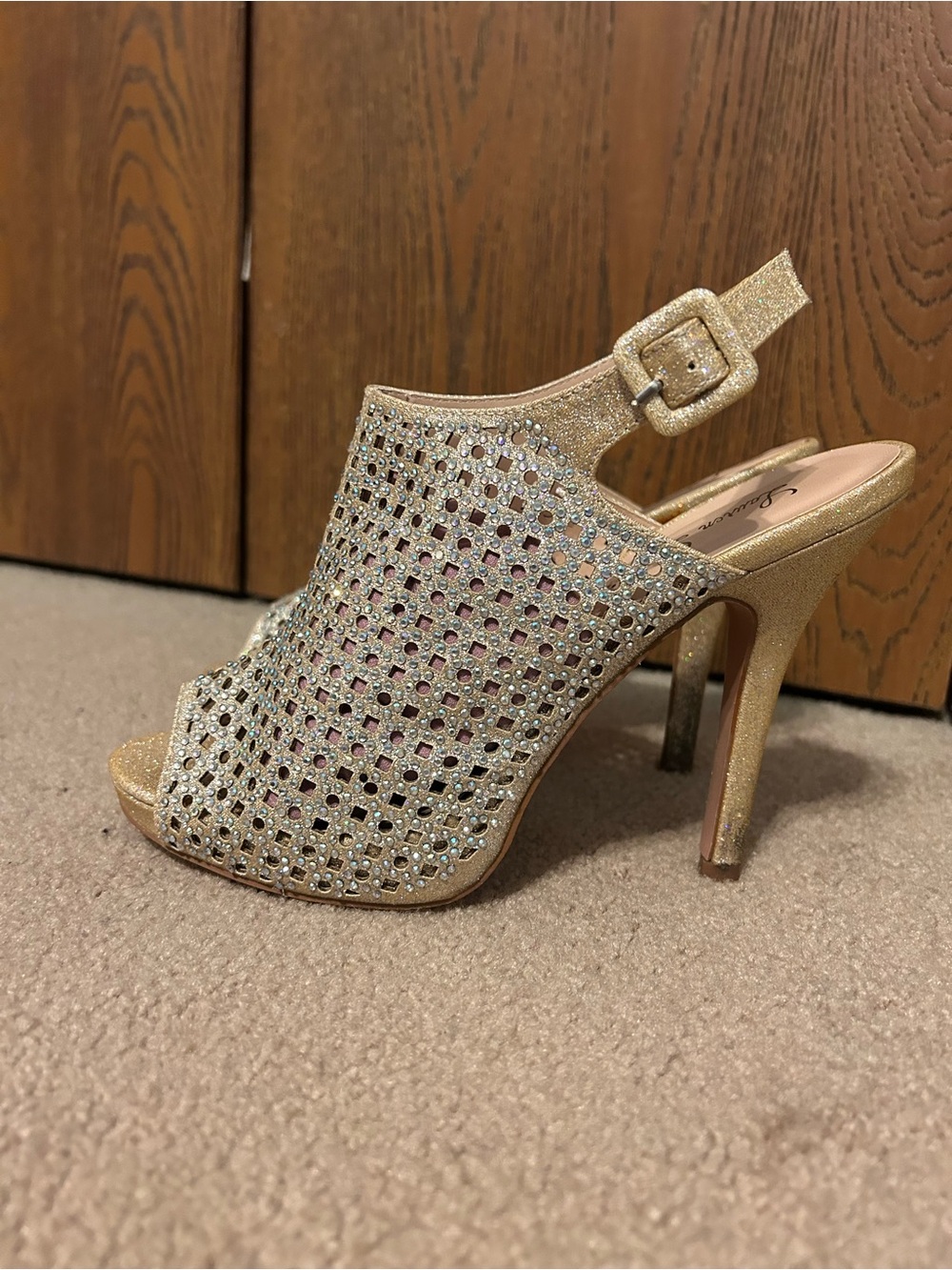 Gold Rhinestone Peep-Toe Slingback Heels
